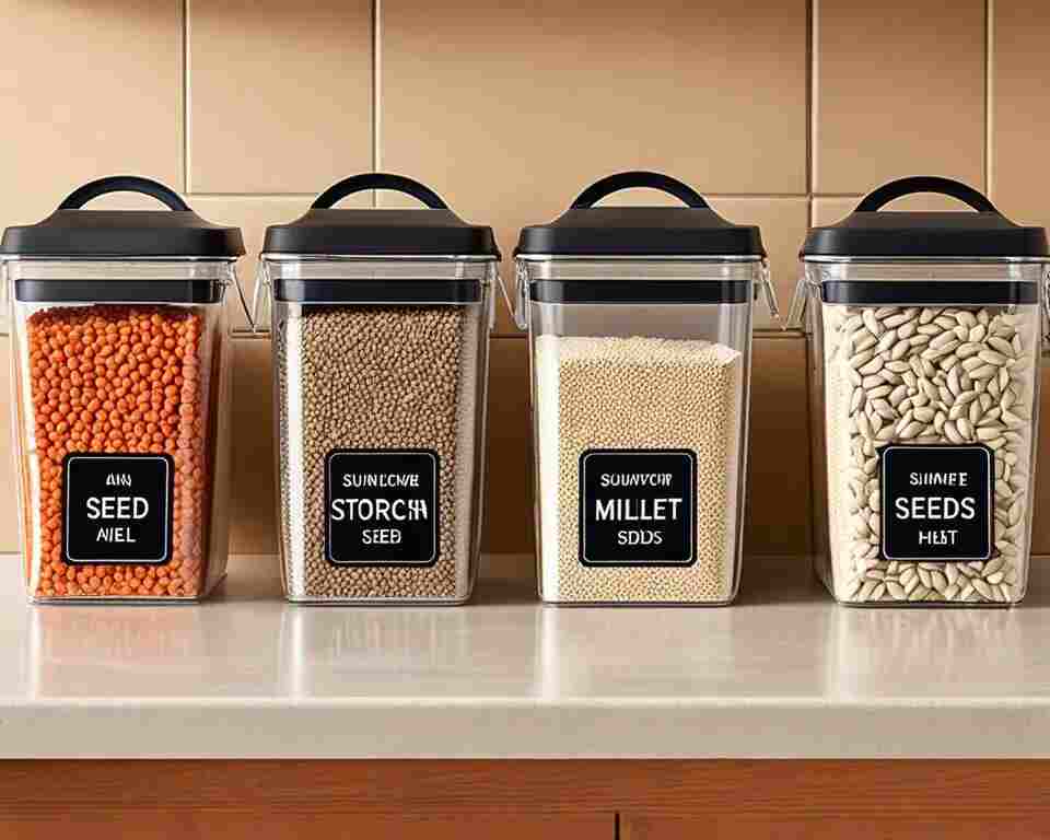 A variety of bird seed properly stored in storage containers, for freshness.