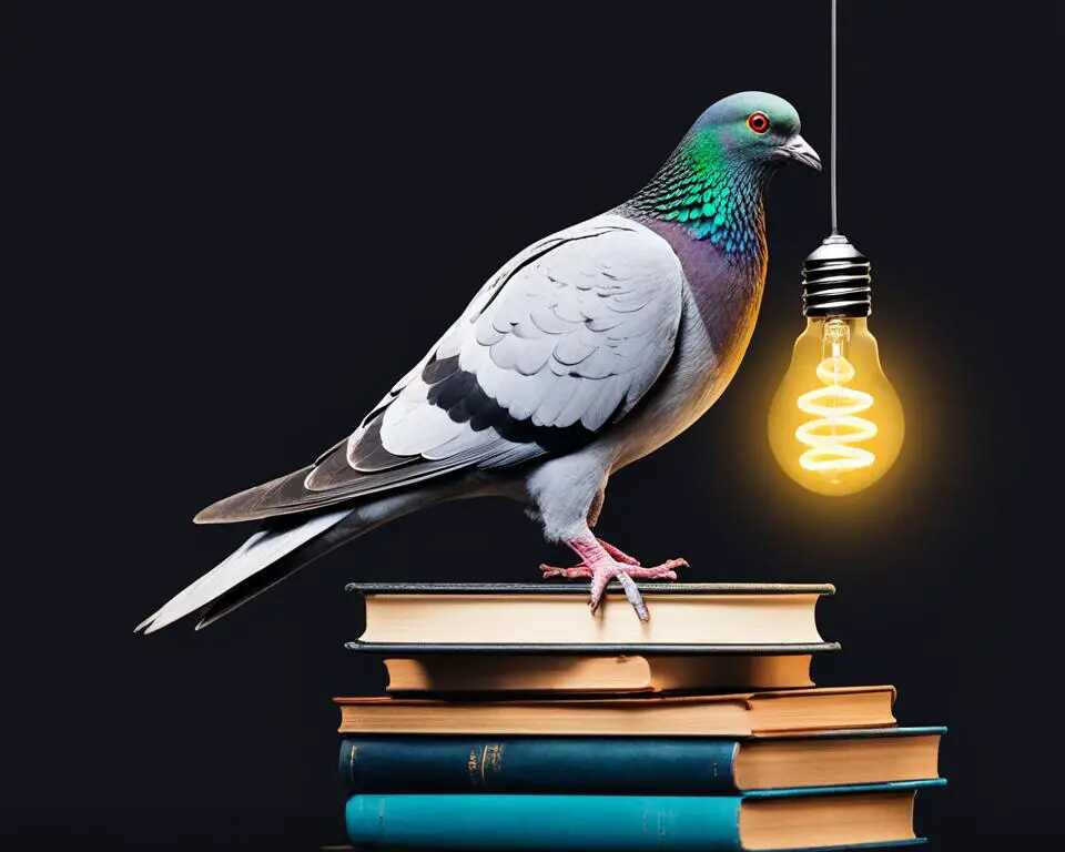 A pigeon standing on a stack of books, showing their intelligence.