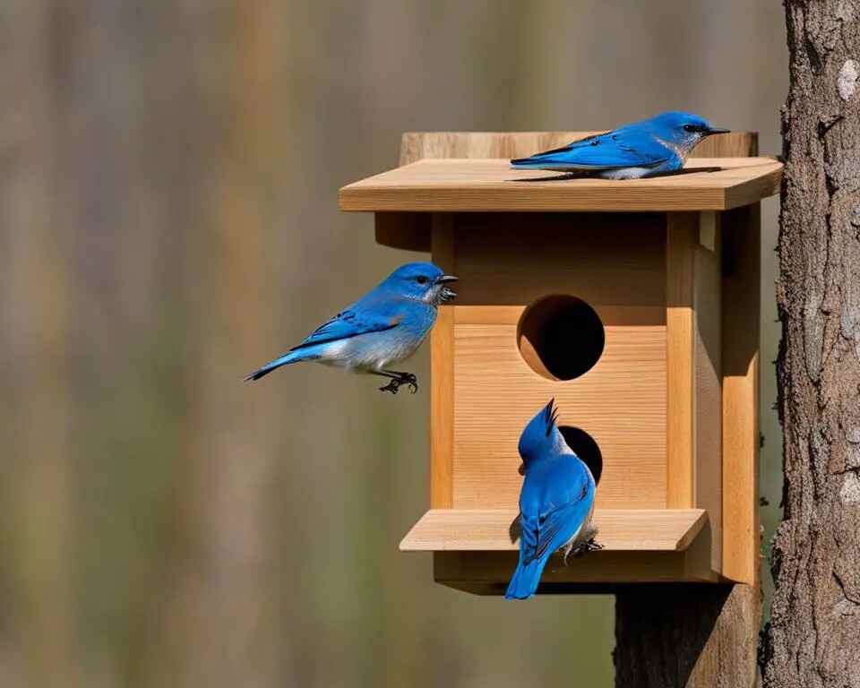 Three bluebirds enjoying their birdhouse.