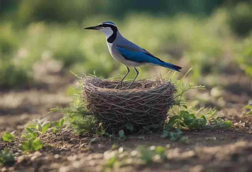 A blue and white bird perched on a bird nest.