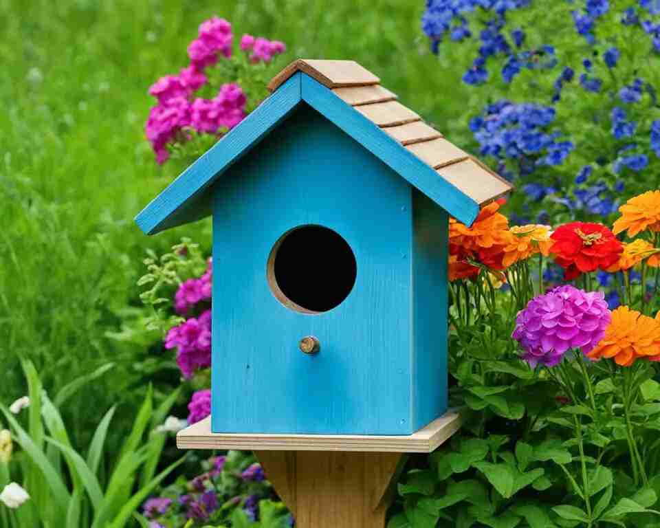 A cozy bluebird house nestled in a lush green garden with colorful flowers blooming nearby.