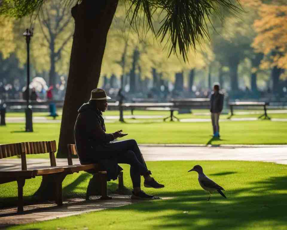 A person sitting quietly on a bench in a park with their hand extended, palm up, as a wild bird approaches.