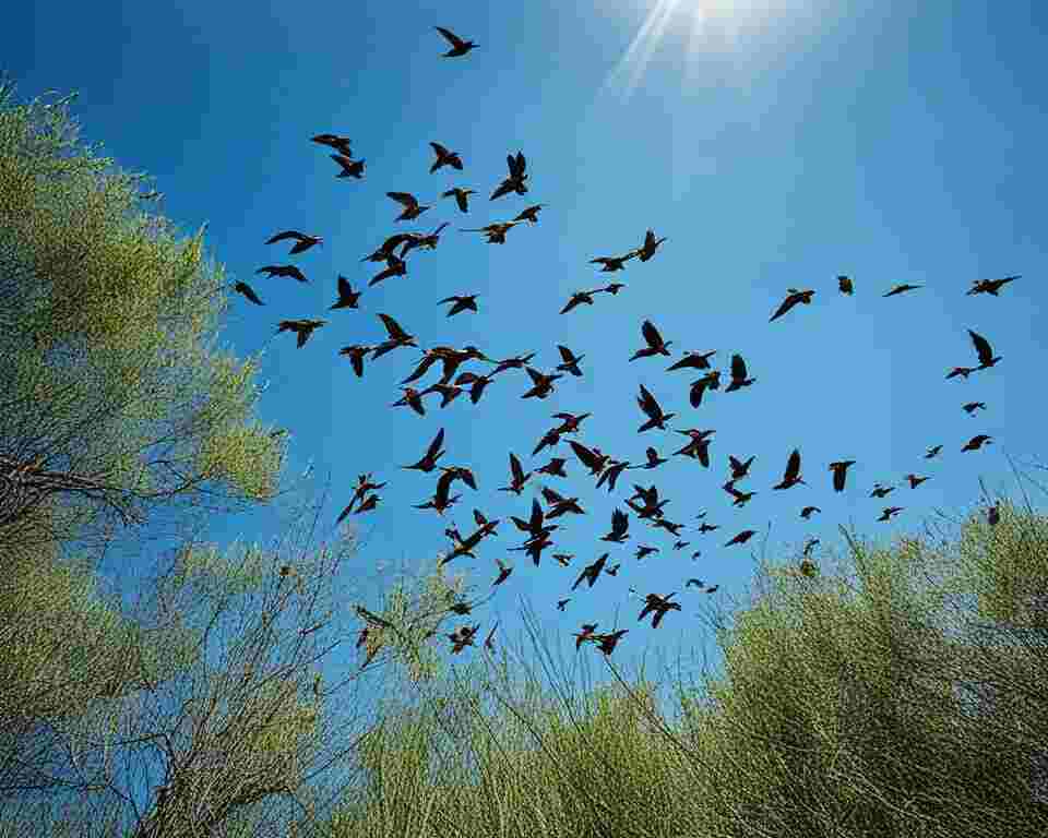 A large flock of birds flying.
