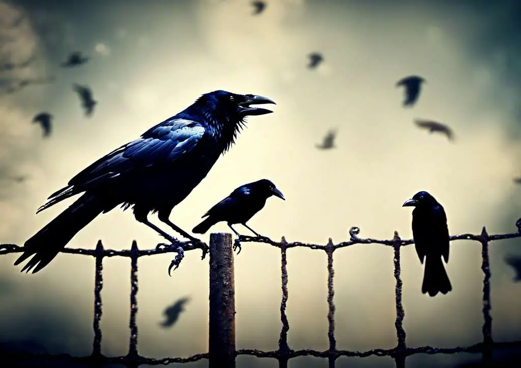Three crows on a barbed wire fence, while others fly around.