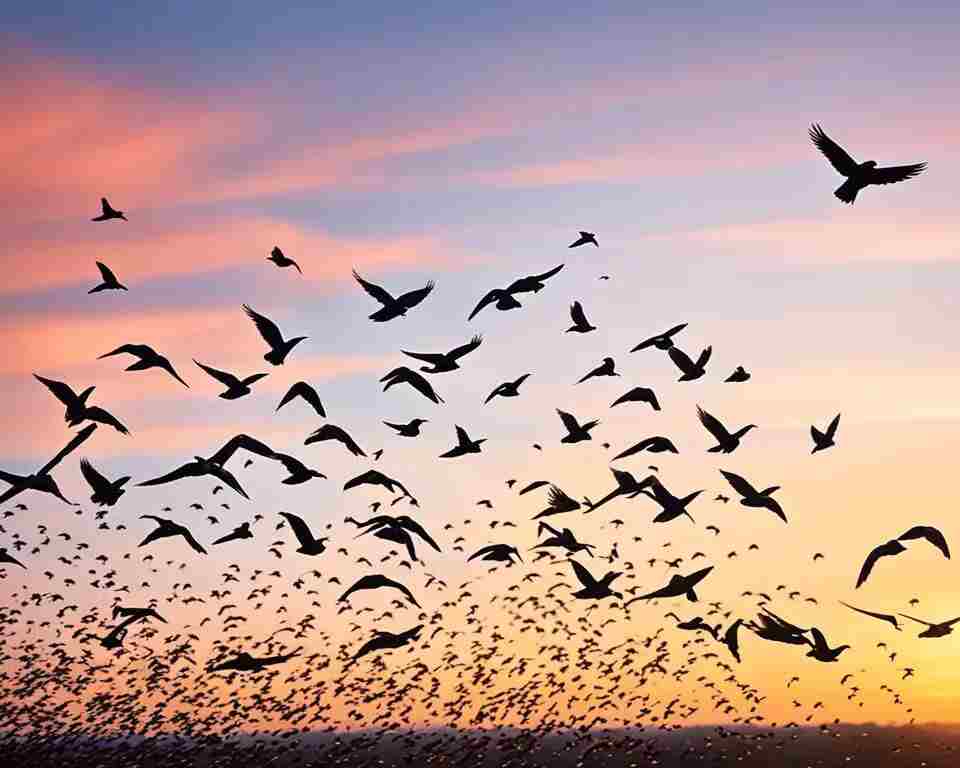 A large group of birds migrating long distances.