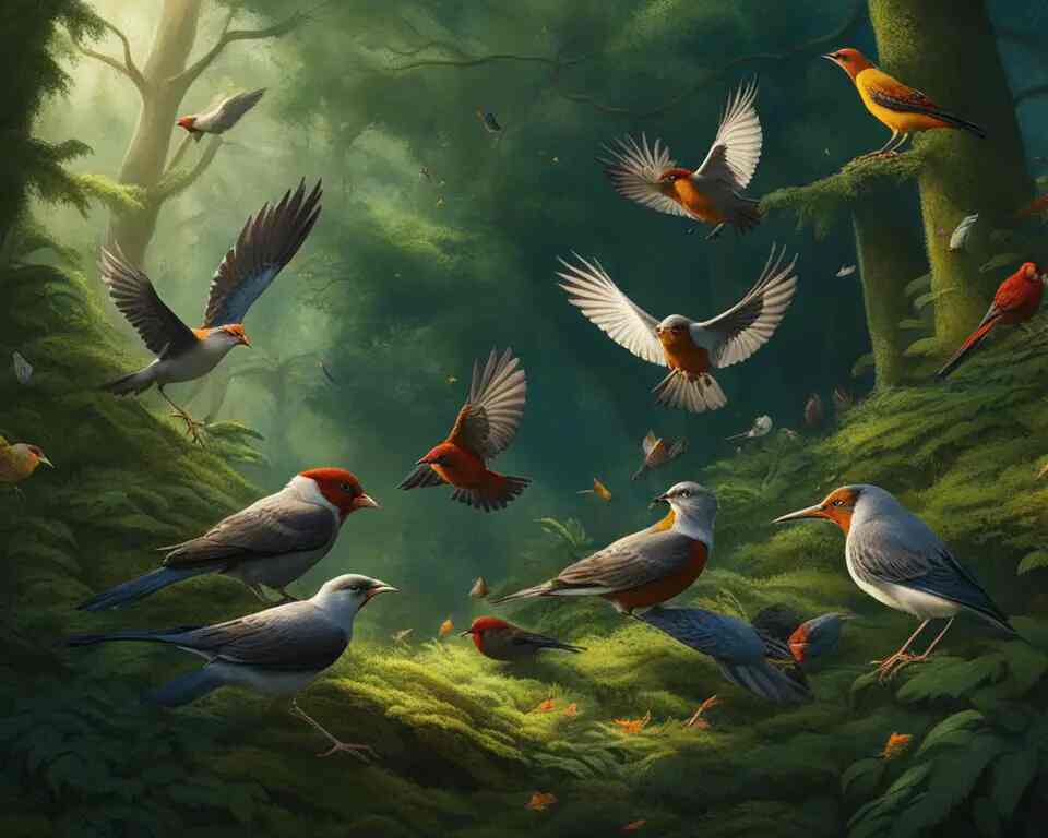 A flock of hand-reared birds cautiously exploring a forest clearing, testing their wings and scanning the treetops for predators. 