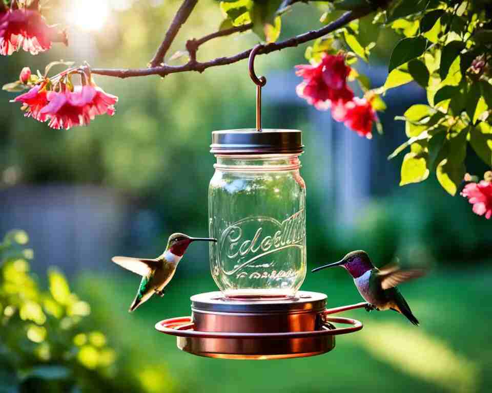 A colorful homemade hummingbird feeder with a mason jar base and a copper pipe for the feeding ports.