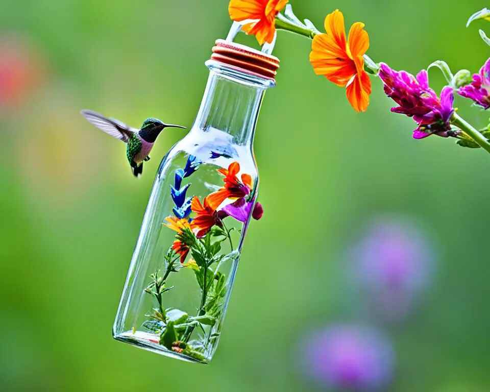 An array of colorful flowers and vines spiraling around a simple glass bottle, serving as a hummingbird feeder.