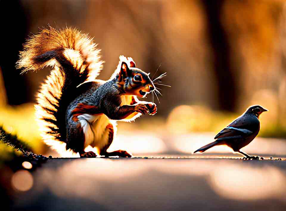 A squirrel chasing a bird.