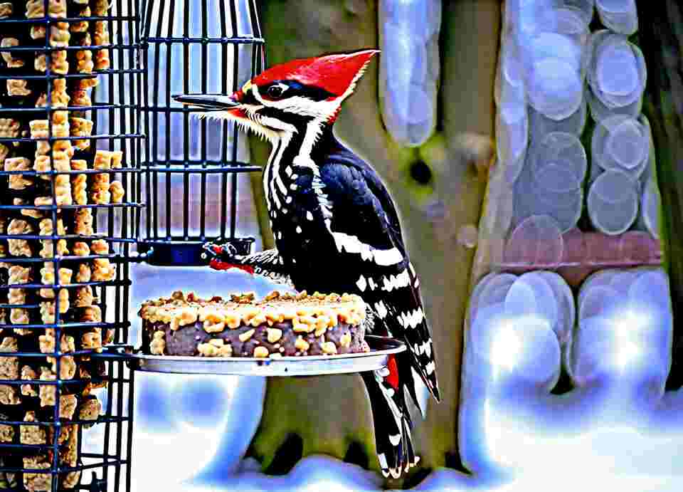 A Pileated woodpecker eating a suet cake from a suet feeder.