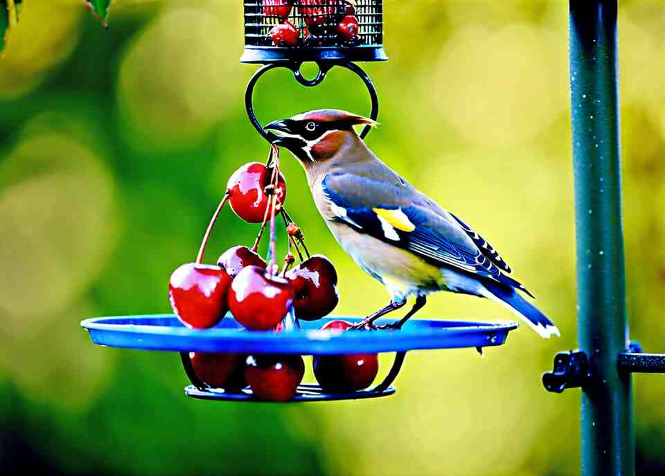 A Cedar Waxwing perched on a platform feeder eating cherries.