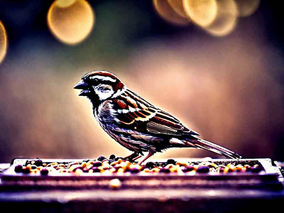 A House Sparrow feeding on seeds from a ground tray feeder.