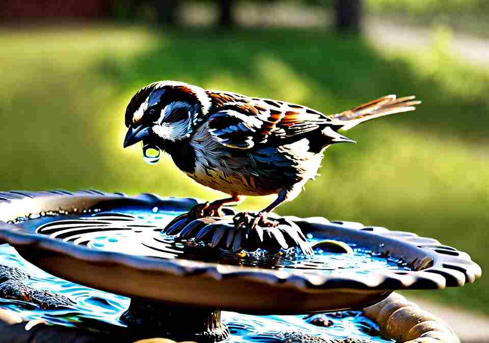 A House Sparrow drinking from a bird bath.