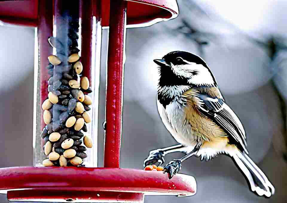 A black-capped chickadee perched on a tube feeder eating seeds.