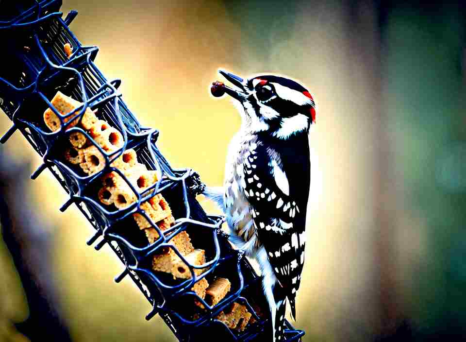 A Downy Woodpecker eating suet from a suet feeder.