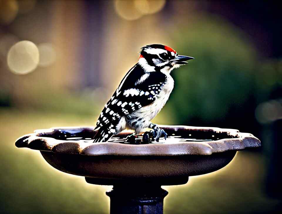 A Downy Woodpecker perched on a bird bath drinking water.