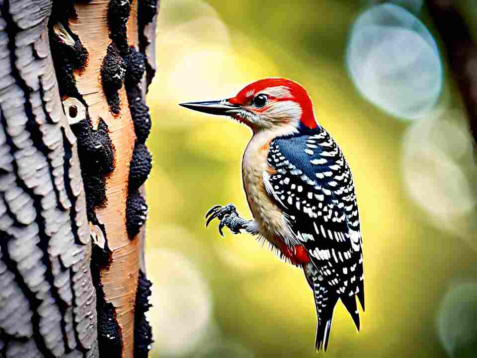 A red-bellied Woodpecker about to land on a tree.