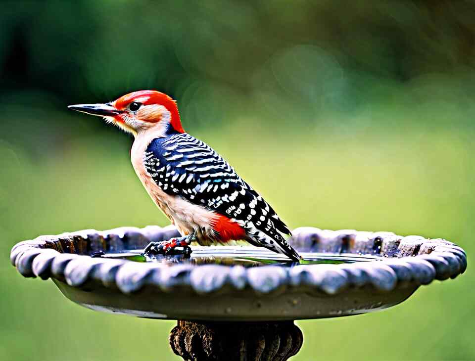 A Red-bellied Woodpecker perched onto the side of a bird bath drinking water.