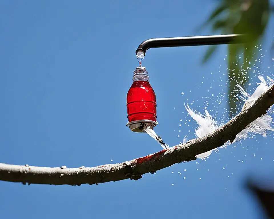 A hummingbird feeder being rinsed under a running tap water, feathers and debris flowing out.