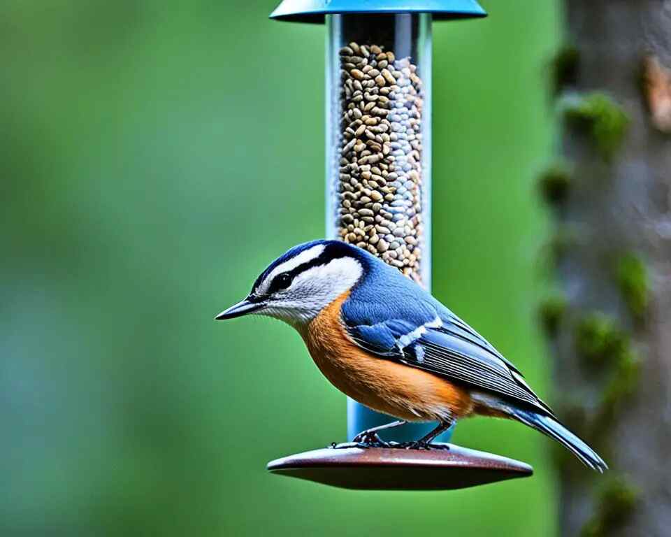 A close-up of a nuthatch perched on a bird feeder filled with seeds, surrounded by trees and greenery. 