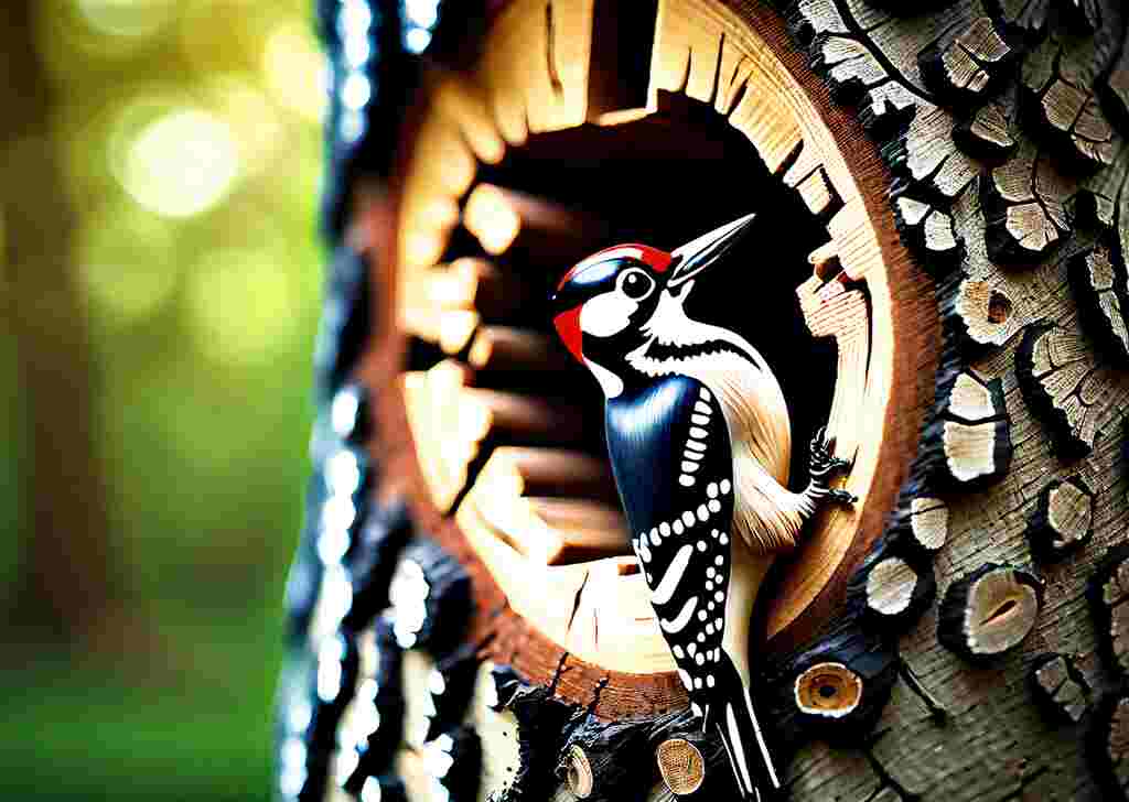 A woodpecker drilling a hole in a tree.