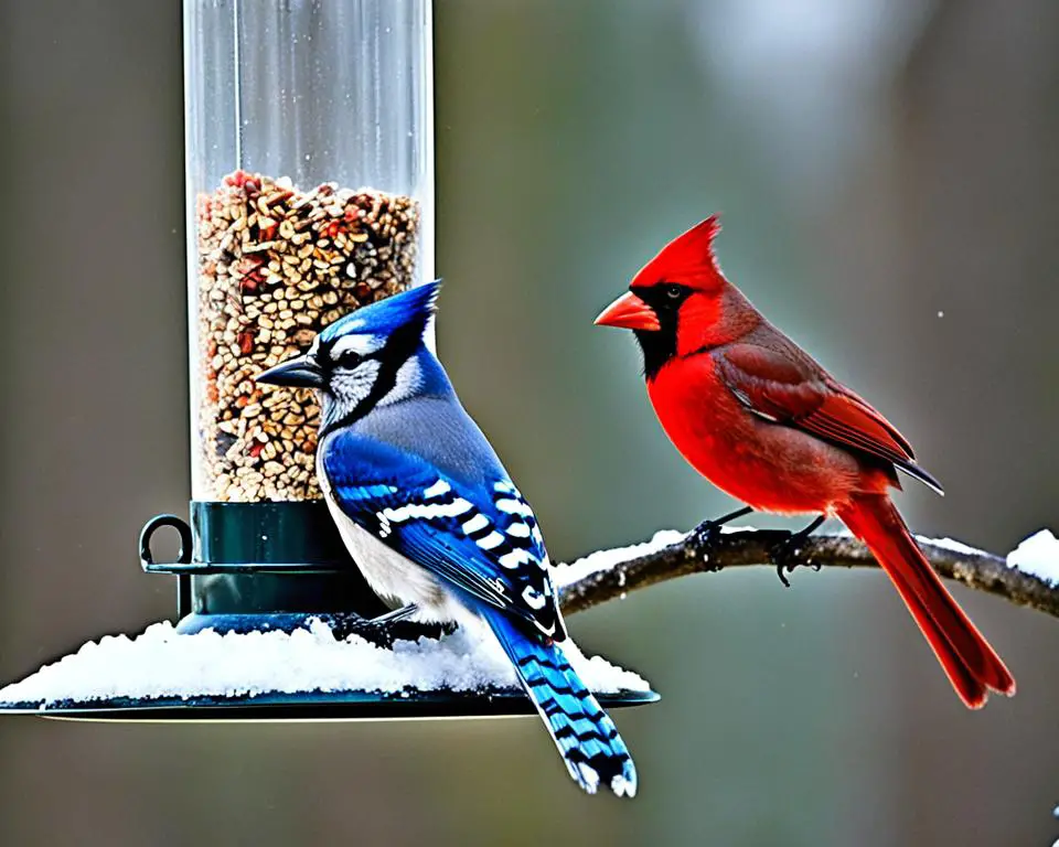 A Blue Jay and a Northern Cardinal side by side at a bird feeder.