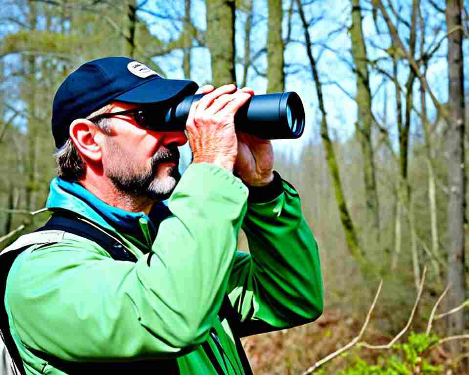 A birdwatcher using binoculars to observe birds in nature.
