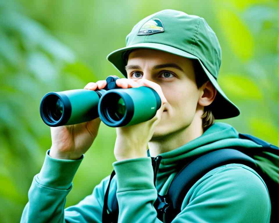 A young birdwatcher watching birds with his binoculars.