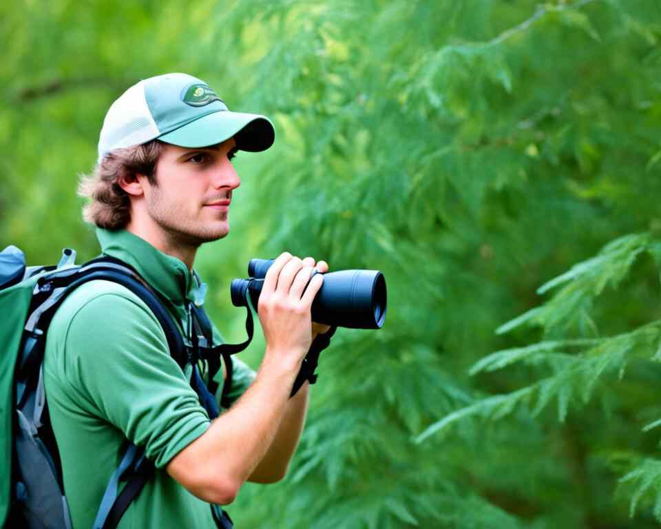 A young man birdwatching with binoculars.