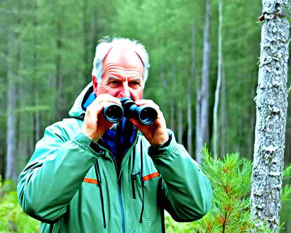 A person birdwatching with binoculars in hand.