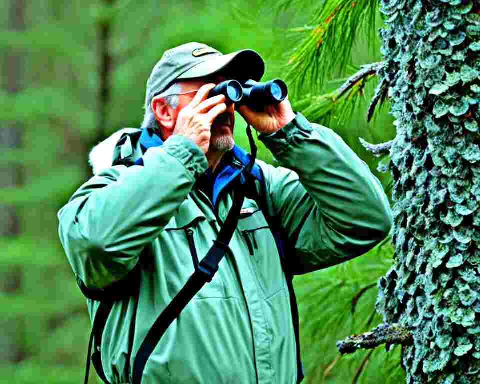 A birder looking at birds through a pair of binoculars.