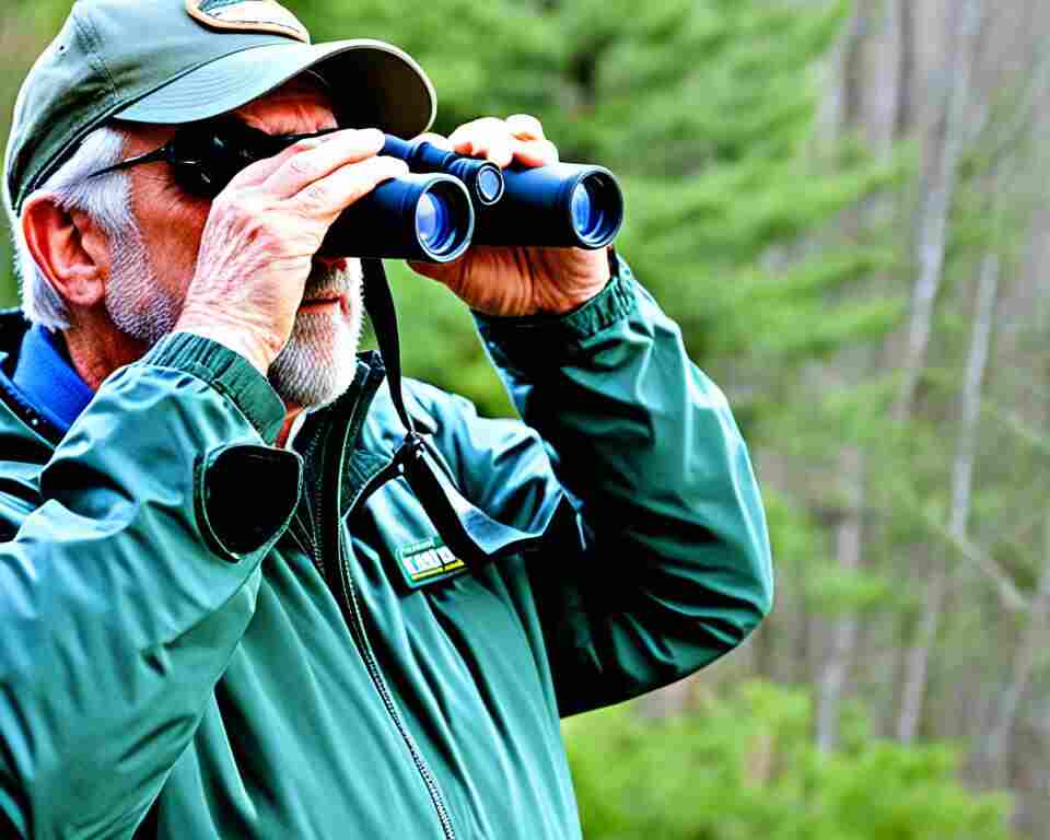 An avid birder using binoculars to observe birds in their natural habitat.