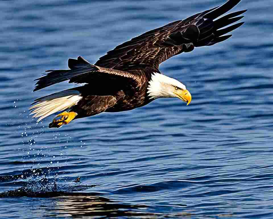 A Bald Eagle diving for prey.