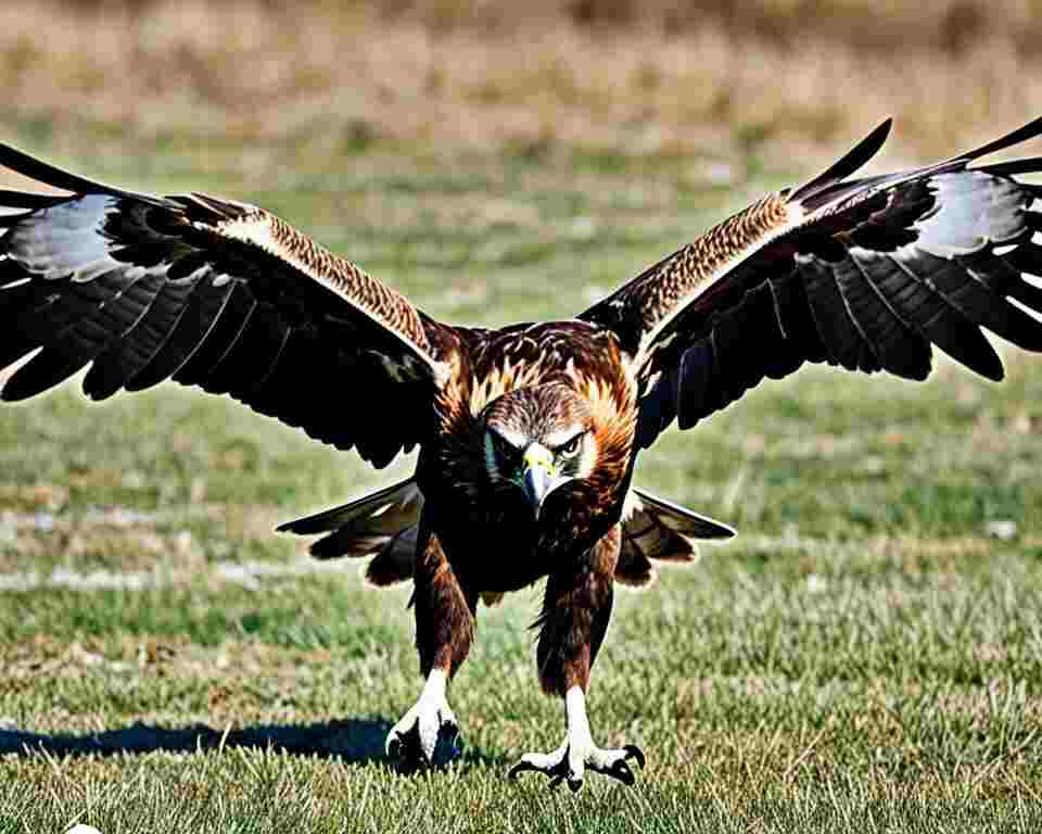 A Golden Eagle landing on the ground.