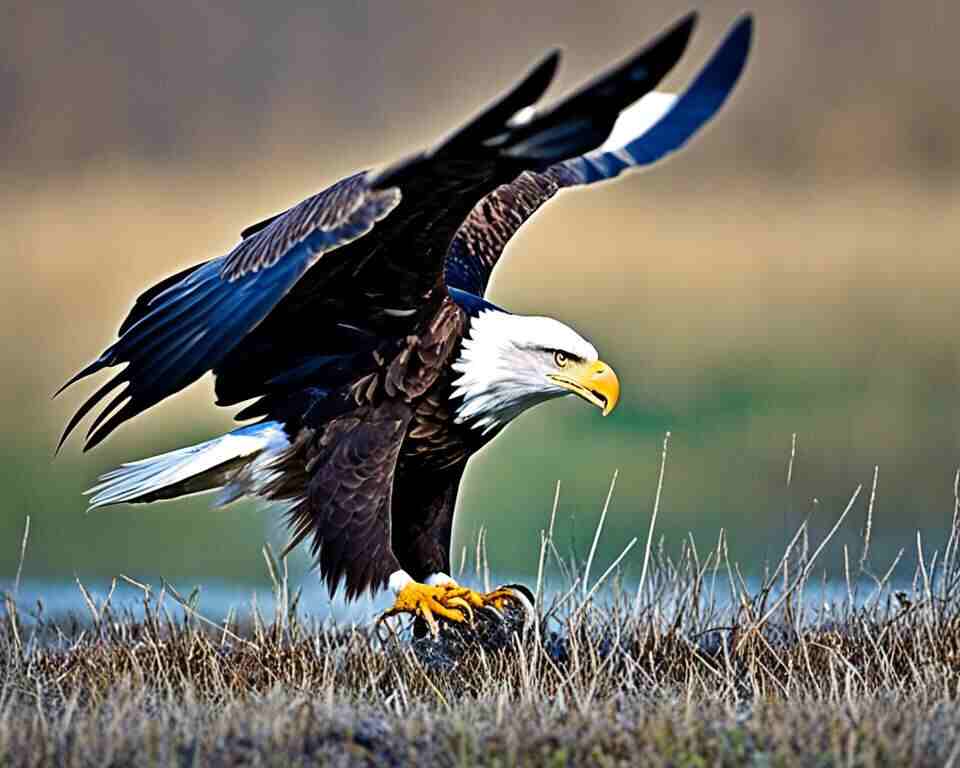 A Bald Eagle landing on the ground.