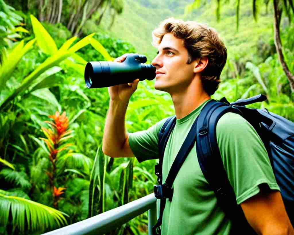 A young man birdwatcher with monocular watching birds in hawaii.