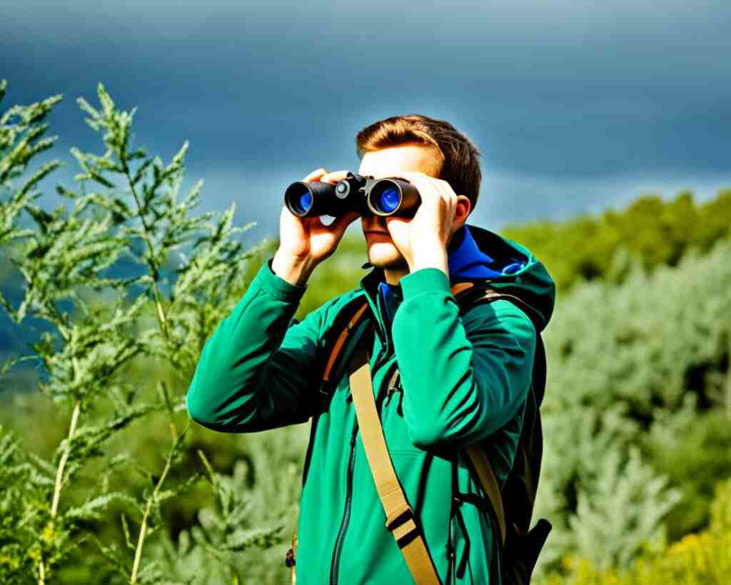 A young birdwatcher observes birds through binoculars.
