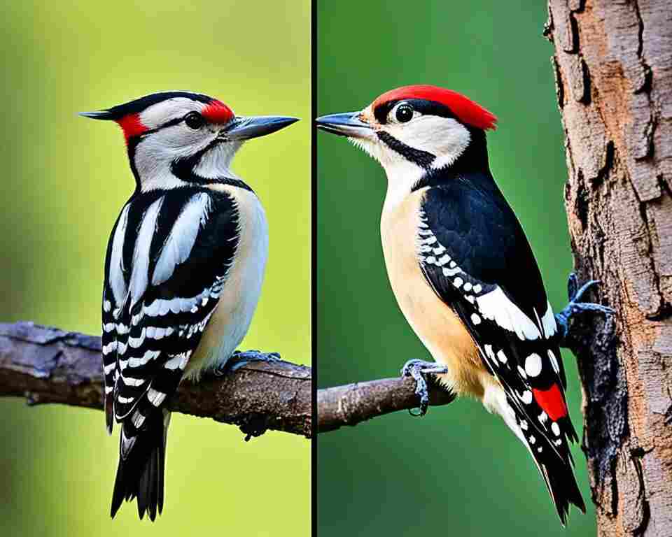 A male and female Great spotted woodpeckers side by side