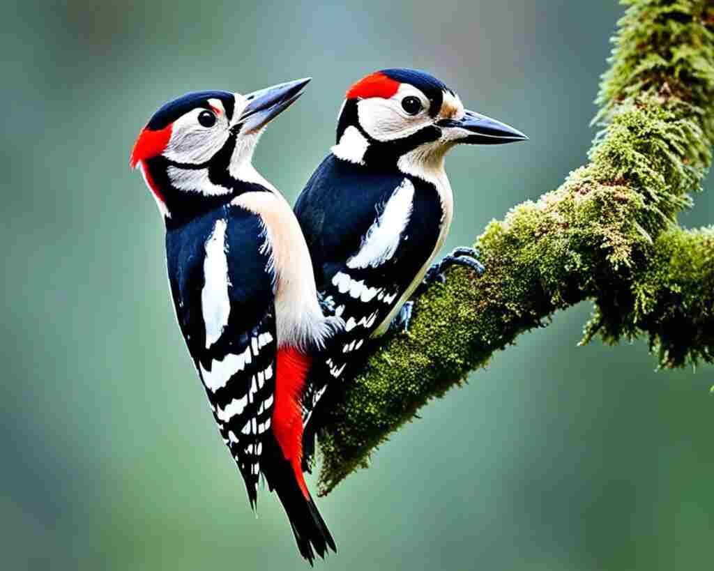 A pair of Great Spotted Woodpeckers perched in a tree.