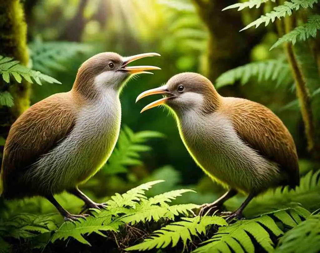 A pair of Kiwi birds in the forest.