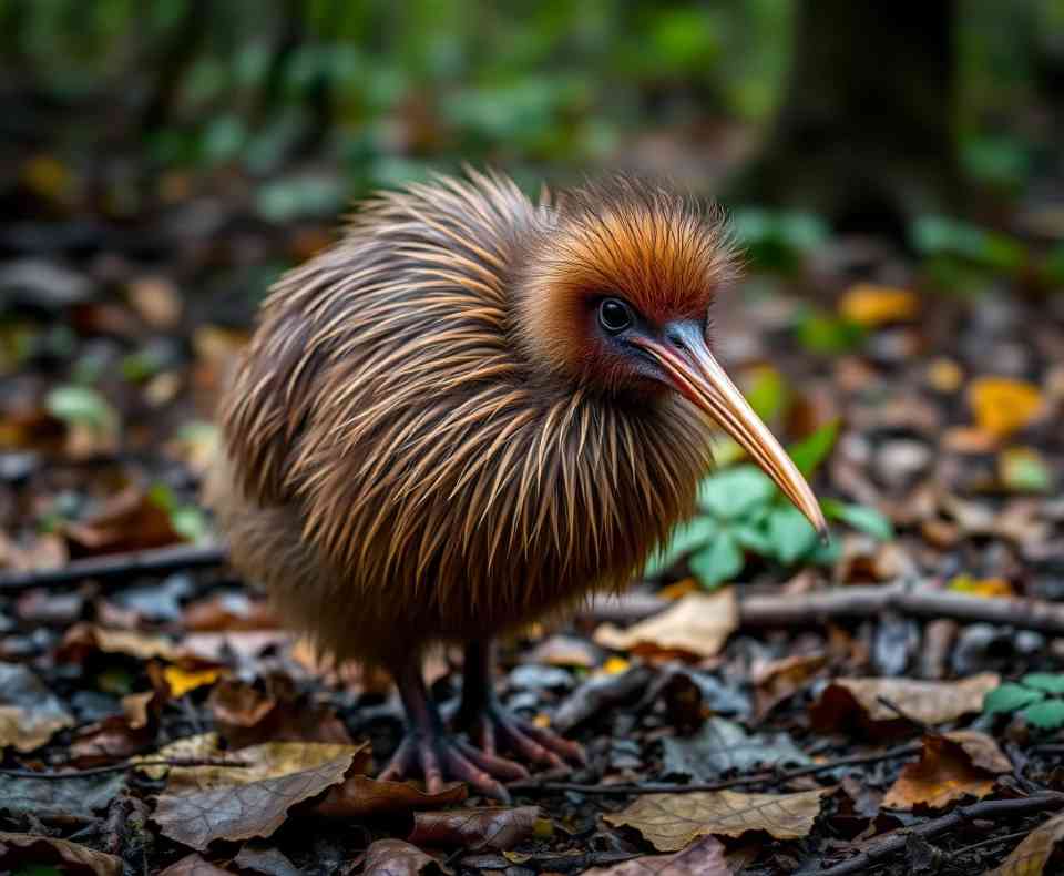 A Southern Brown Kiwi standing in the forest.