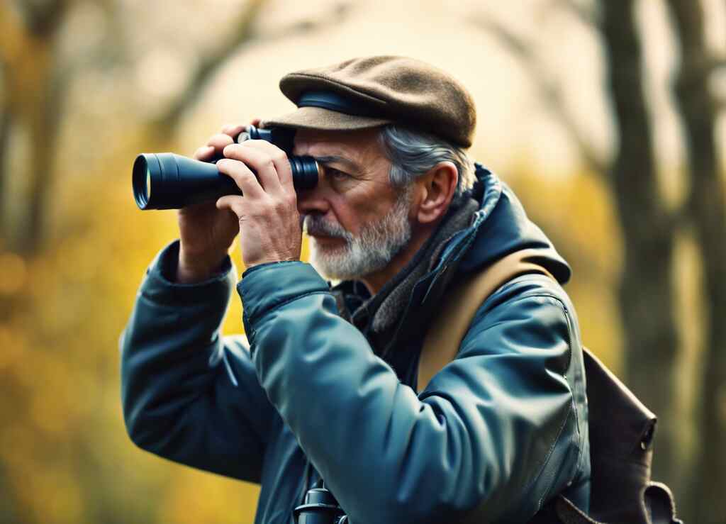 A bird enthusiast using compact binoculars to observe birds in nature