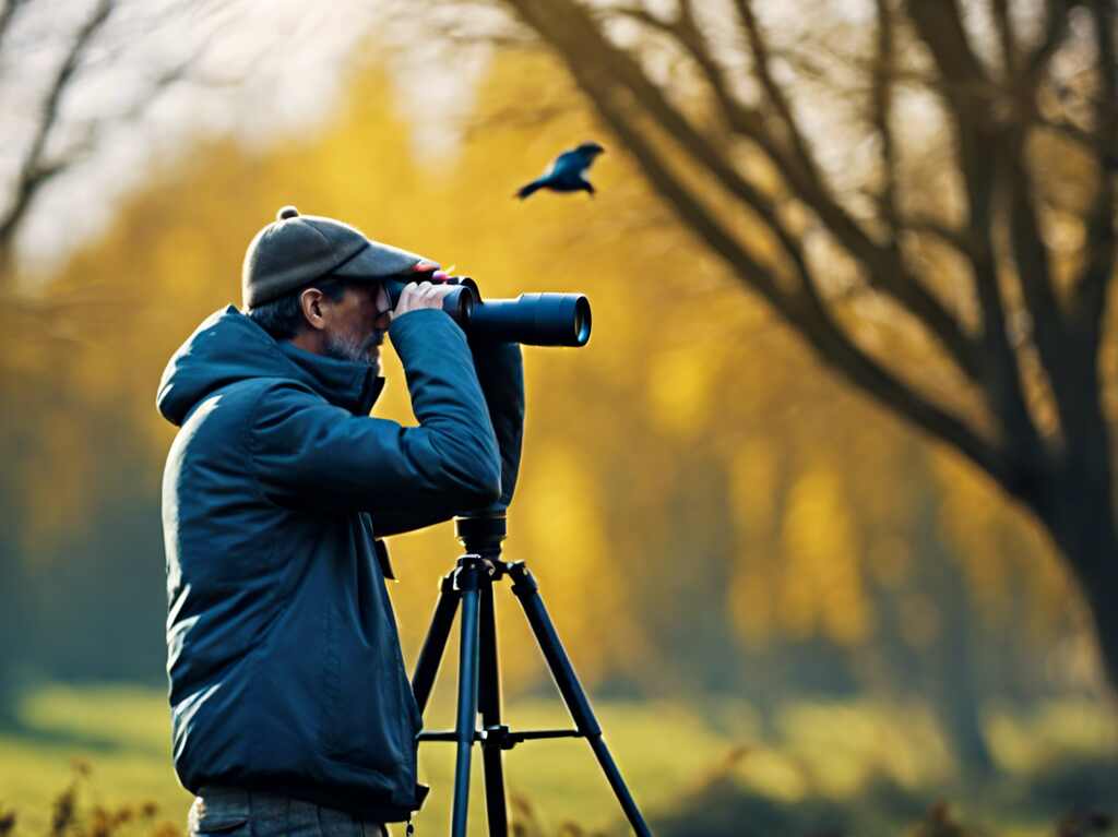 A birder using binoculars mounted on a tripod for birdwatching