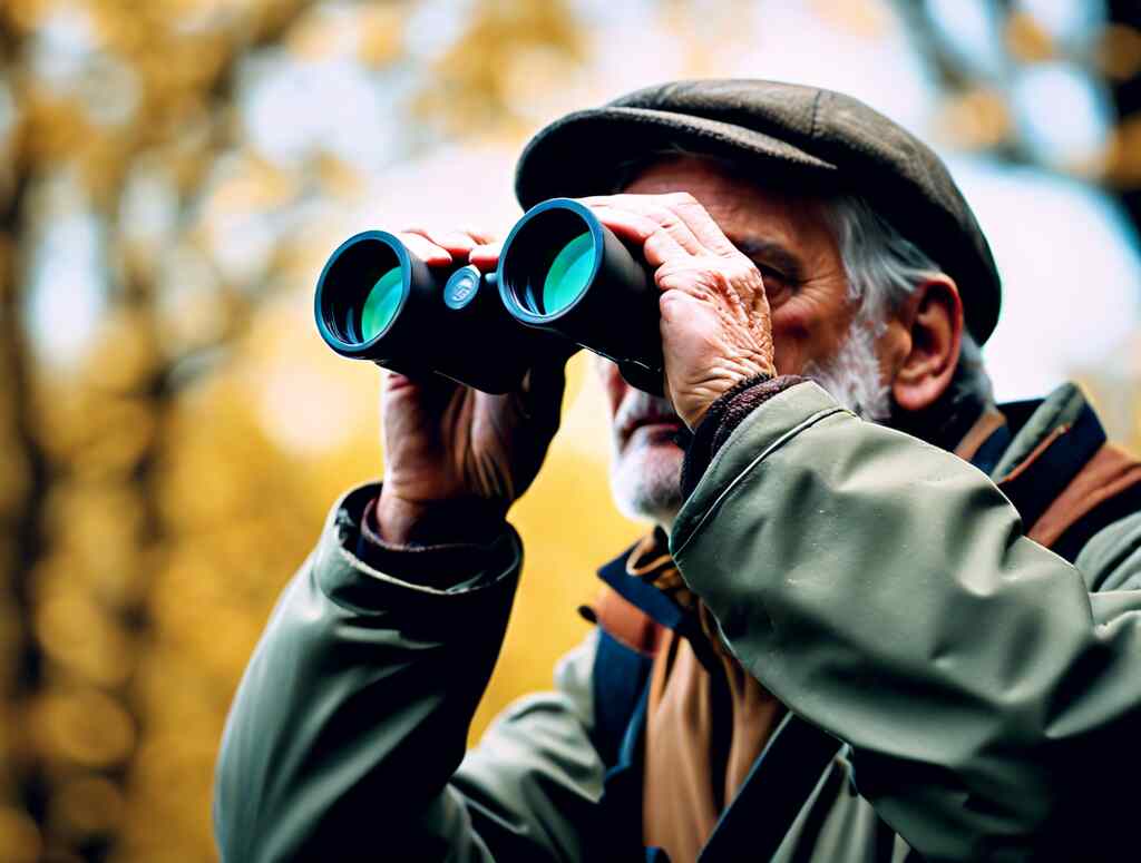 A birder looking through a pair of binoculars.