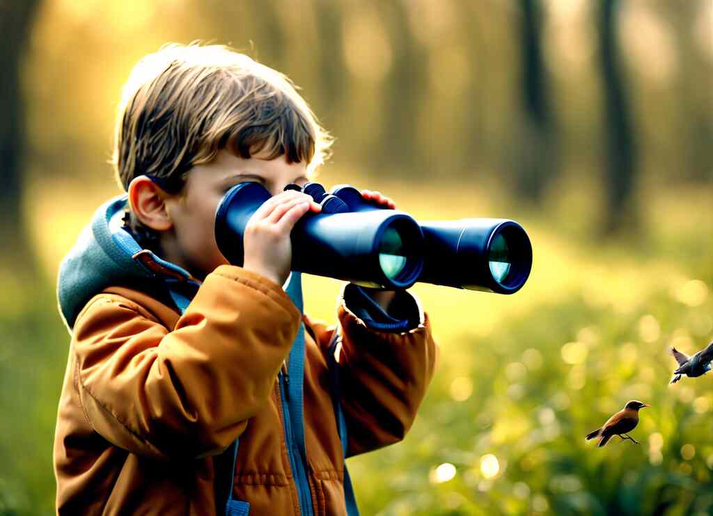 A young boy using binoculars to observe birds in nature