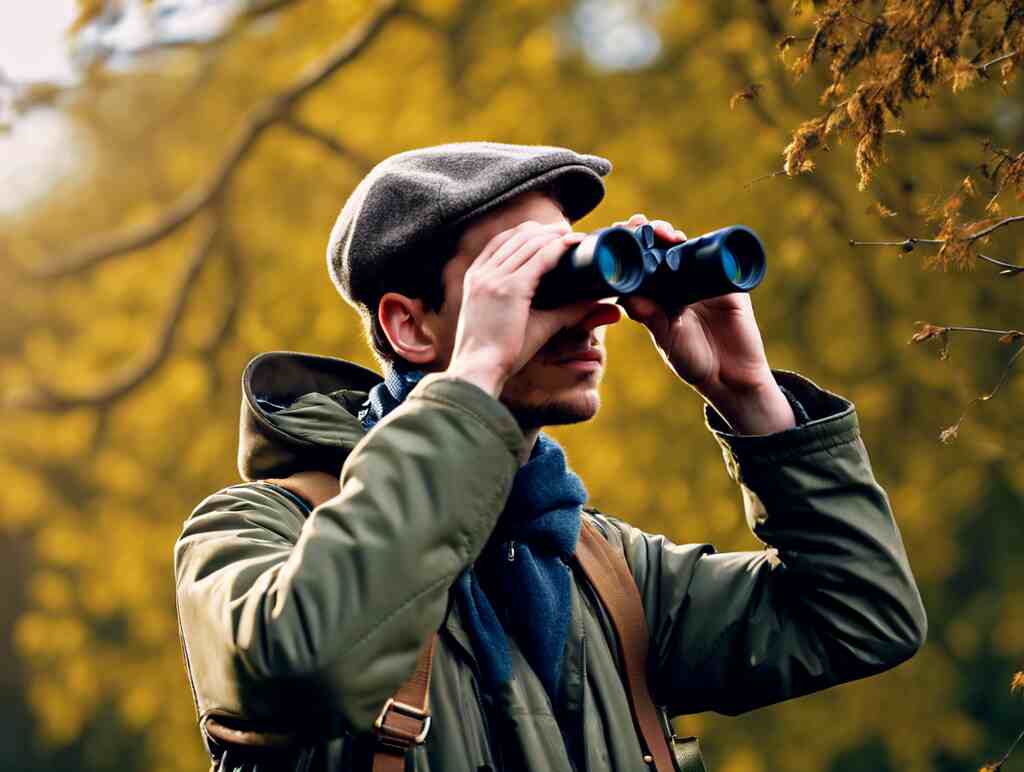 A young man birdwatcher using binoculars to observe birds in their natural habitat.