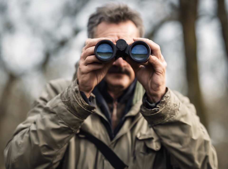 A birder with binoculars in hand.