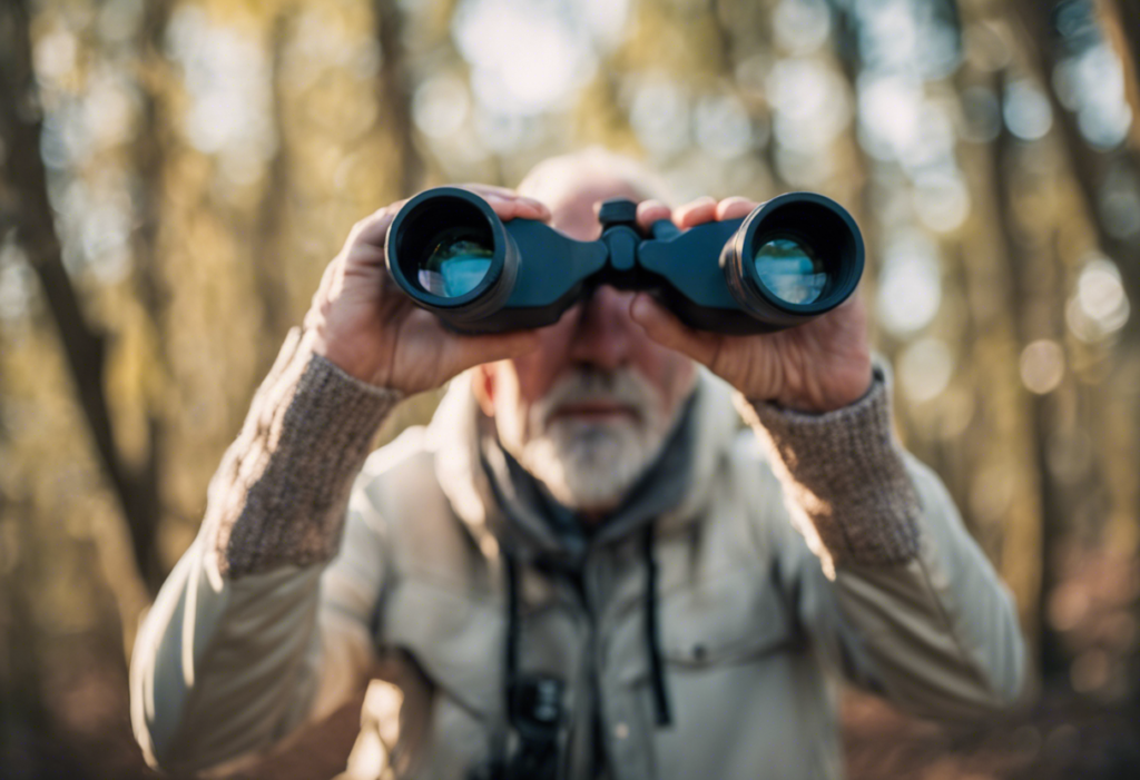 A older man birdwatching with a pair of binoculars.