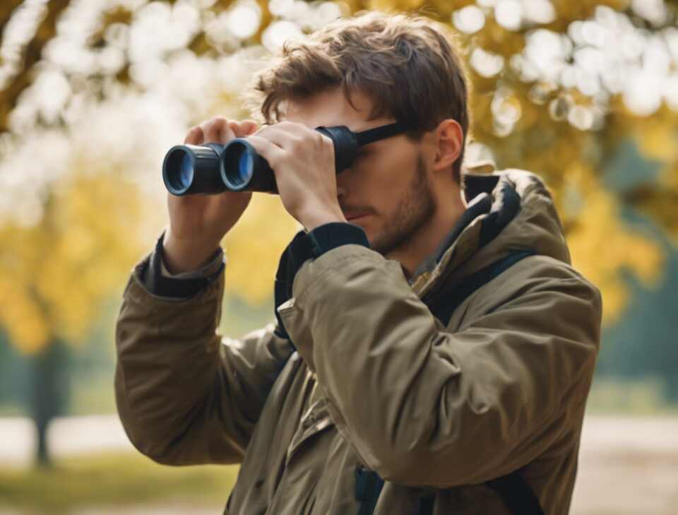 A young man, wearing outdoor gear, uses binoculars to observe birds in their natural habitat.