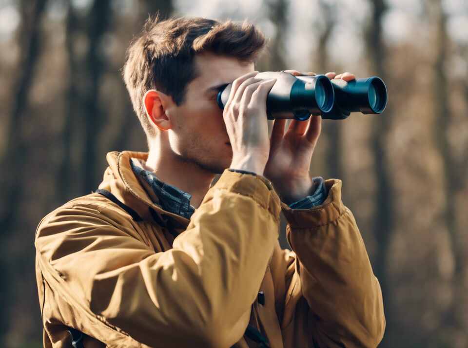 A young man with binoculars observing birds